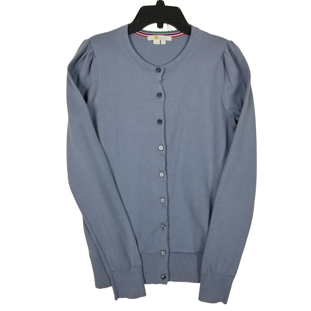 Boden Cardigan Sweater Womens Small Blue Puff Shoulder Cotton Blend K0478